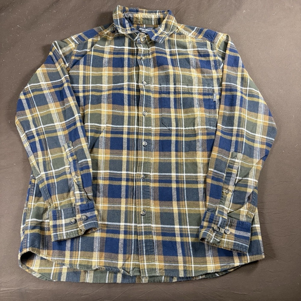 Eddie Bauer Flannel Shirt Mens Medium Blue Green Plaid Button Up Outdoor Cotton